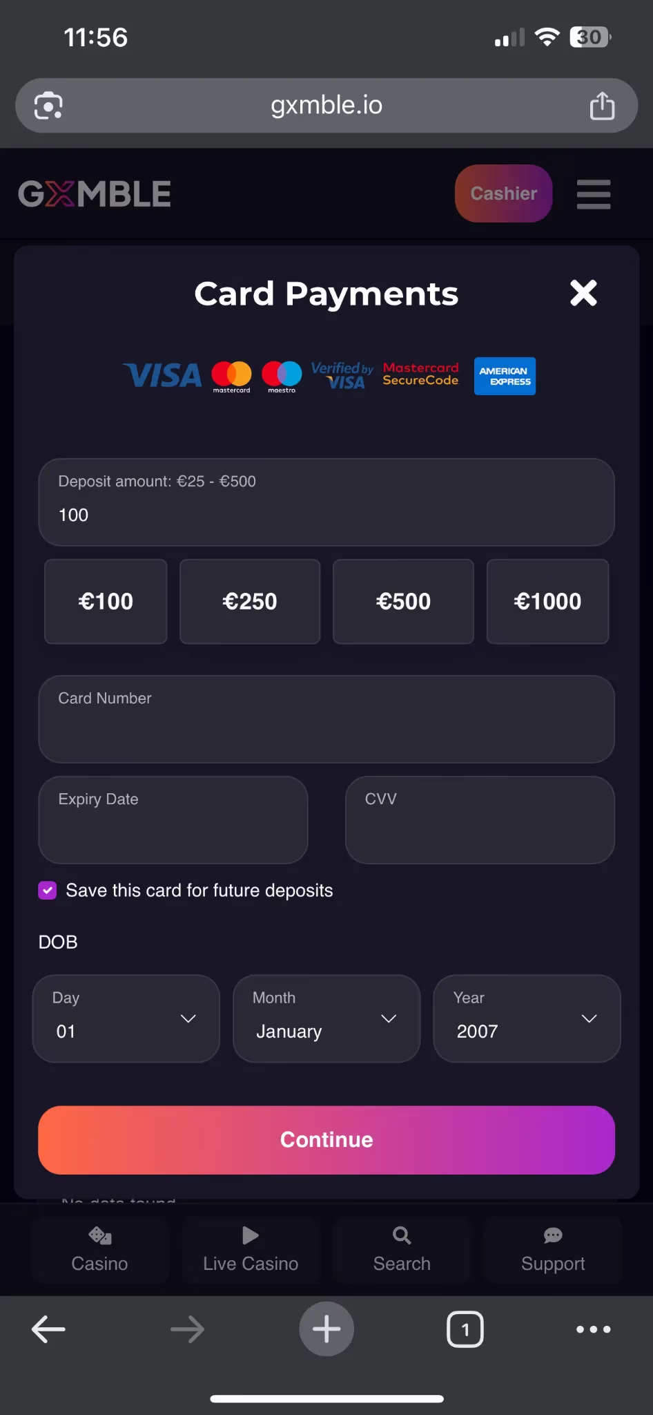 Gxmble casino mobile cashier page showing card payment form with Visa and Mastercard options