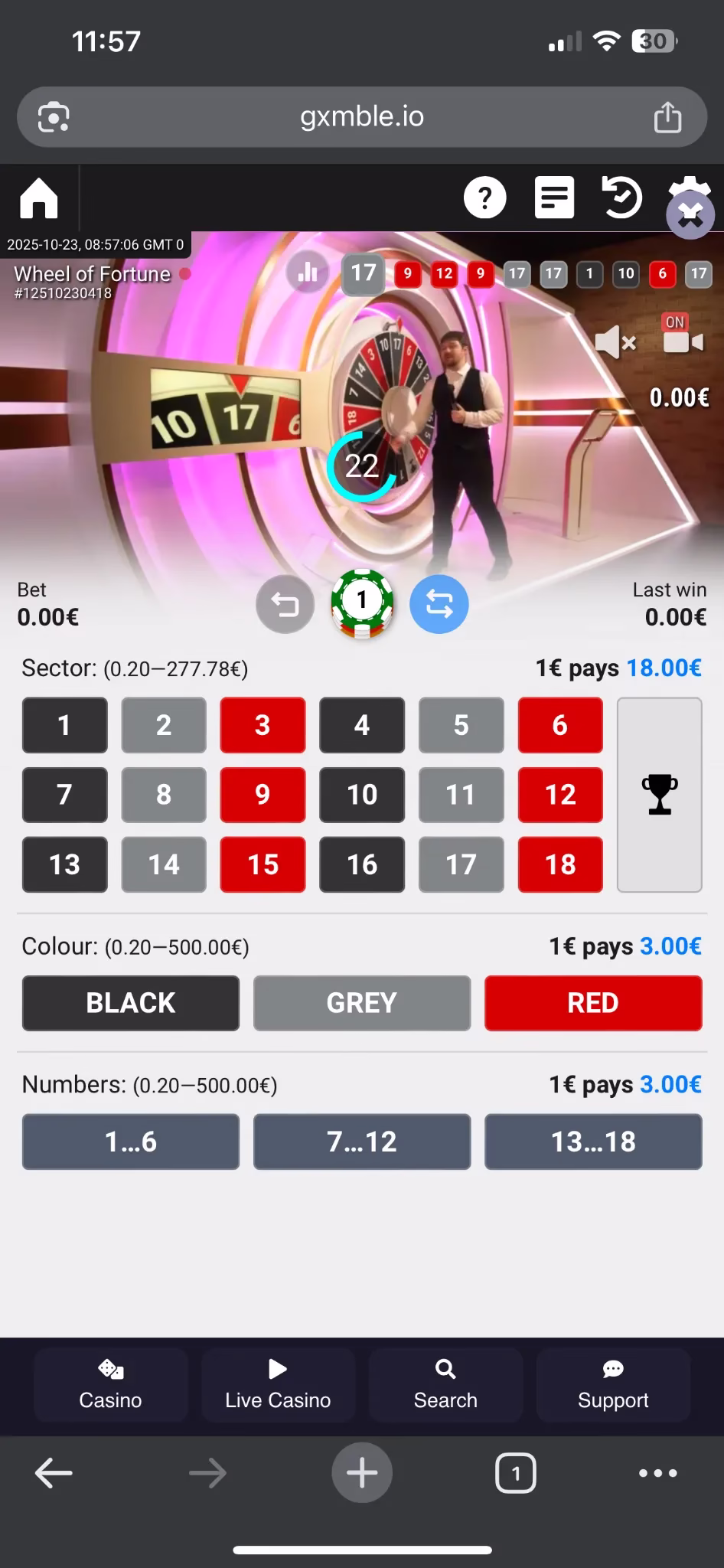 Gxmble live casino mobile interface displaying Wheel of Fortune game